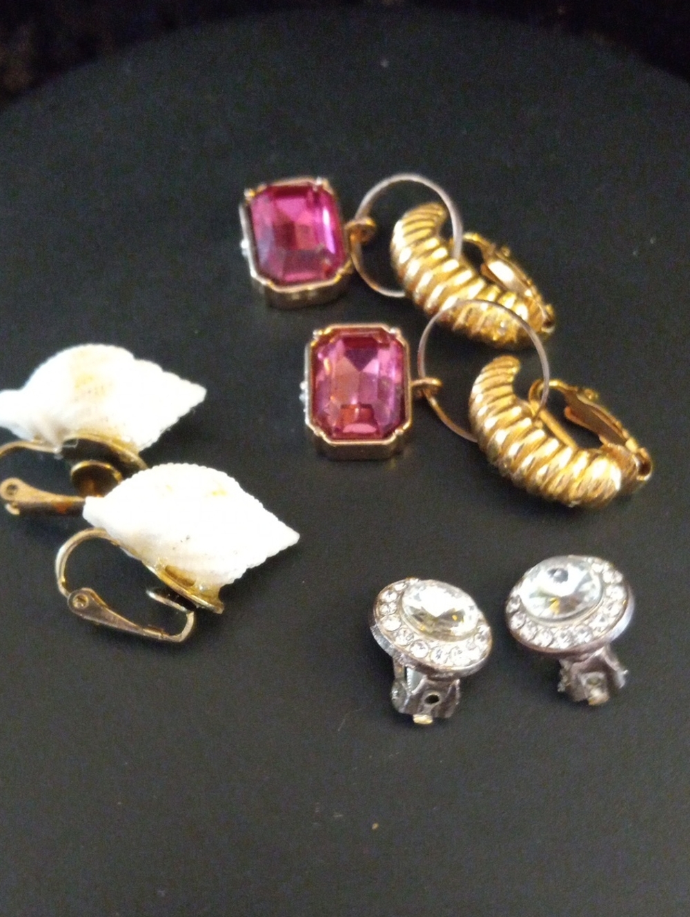 Vintage Pink Crystal Drop Clip-On Earrings with Gold Hoops All 3 Pairs.
